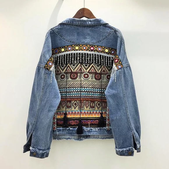 New Bohemian Western Embroidered Oversized Denim Jean Jacket - Picture 4 of 8